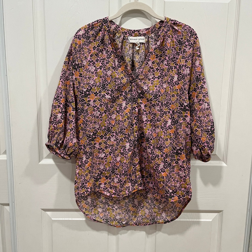 Apiece Apart Floral Print Blouse Size 2 Pink‎ Black 3/4 Sleeve Top